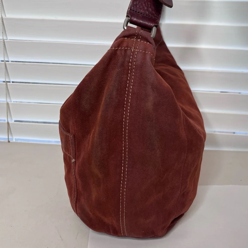 Fossil Boho Rhinestone Buckle Leather Strap Canvas Slouchy Hobo Bag